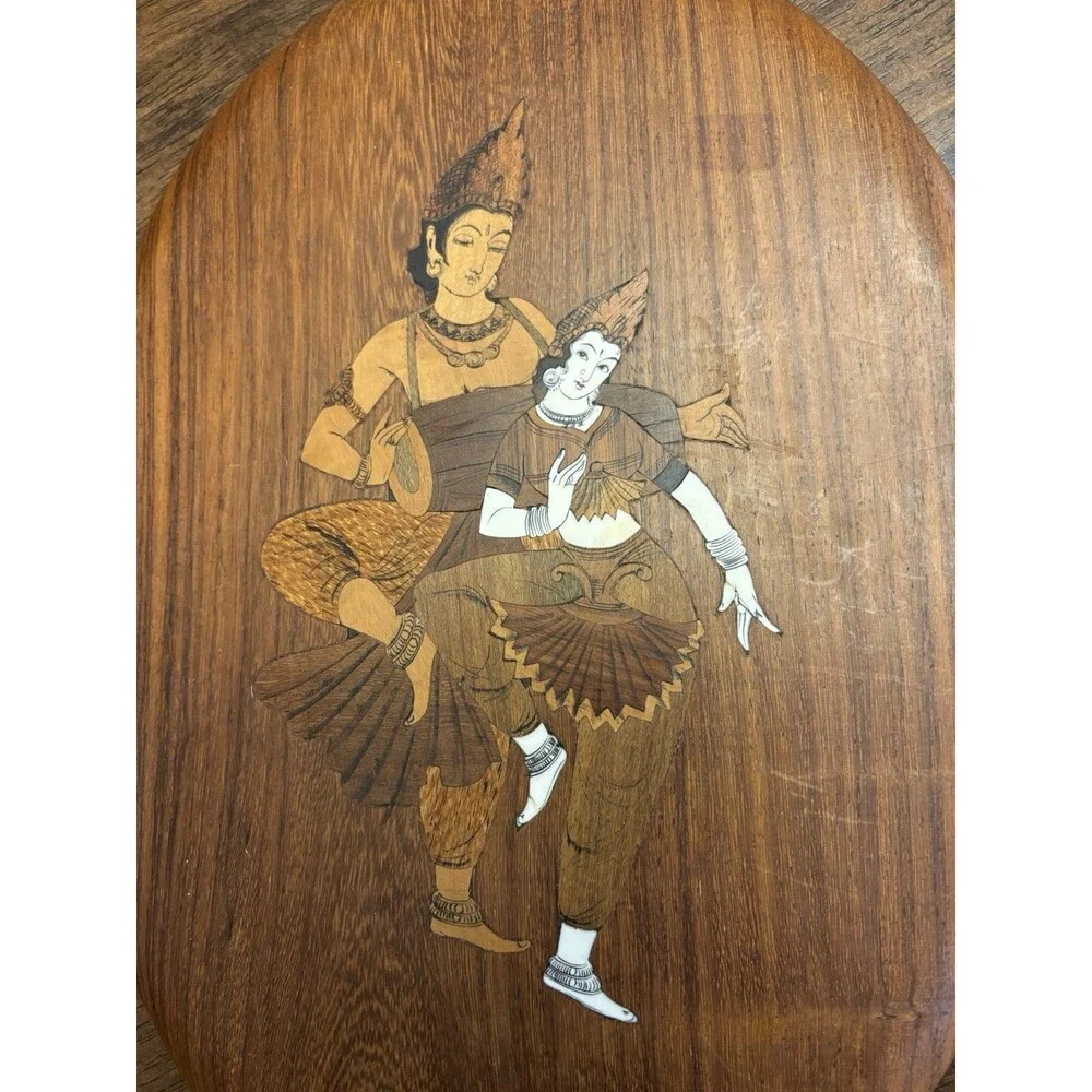 Vintage Thai Wood Wall Plaque Dancer Inlay Teak Oval Hanging Decor 12x9